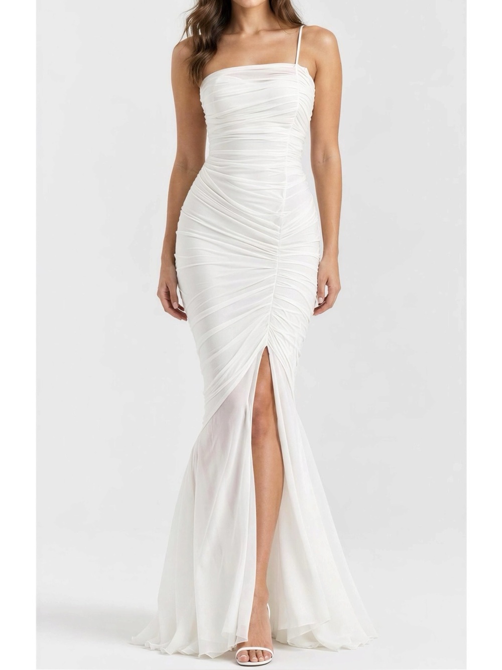 HOUSE OF CB Pearla One Shoulder Ruched Maxi Dress, Ivory, L (Plus Cup)